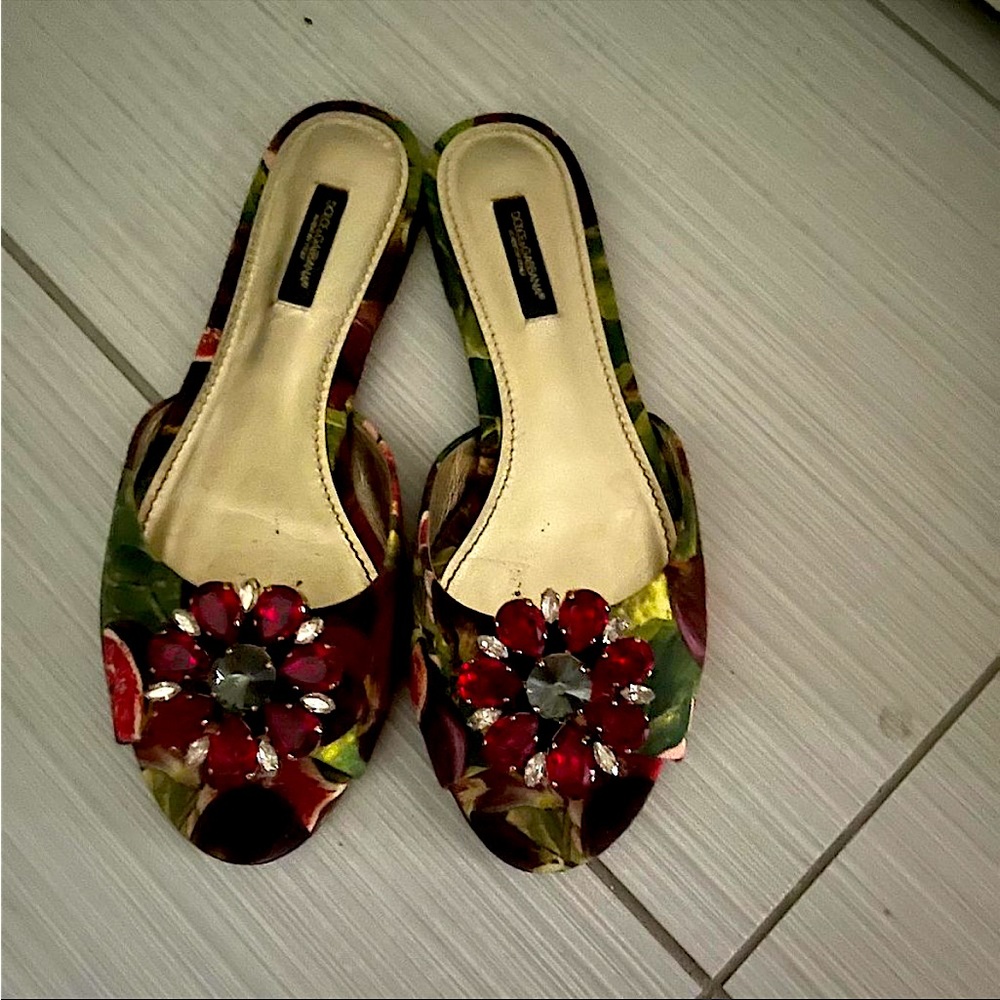 Dolce & Gabbana Floral Jewel-Embellished Slide Sandals in Red, Green, Black